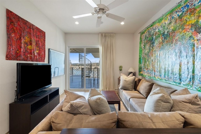 715 Cutlass, Lakeway, TX 78734 - living room featuring a ceiling fan and recessed lighting