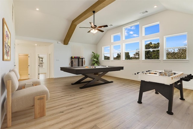 10928 Seawall Dr, Austin, TX 78737 - playroom with ceiling fan, high vaulted ceiling, light wood-type flooring, recessed lighting, and beamed ceiling