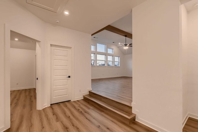 10928 Seawall Dr, Austin, TX 78737 - spare room featuring light wood-style flooring, recessed lighting, vaulted ceiling, and a ceiling fan