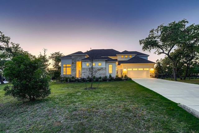 10928 Seawall Dr, Austin, TX 78737 - view of front of property featuring stone siding, an attached garage, a front yard, and concrete driveway