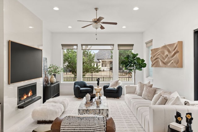 702 Serene Estates Dr, Austin, TX 78738 - living area featuring ceiling fan, recessed lighting, and a fireplace