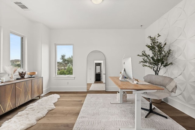 702 Serene Estates Dr, Austin, TX 78738 - office with plenty of natural light, arched walkways, light wood-style flooring, and baseboards