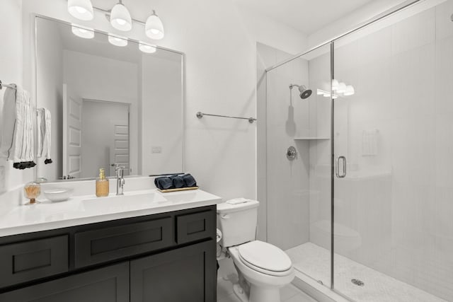 702 Serene Estates Dr, Austin, TX 78738 - bathroom featuring toilet, a stall shower, vanity, and tile patterned floors