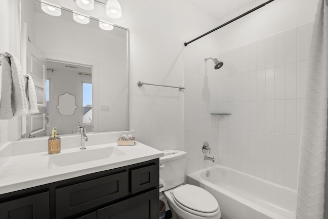 702 Serene Estates Dr, Austin, TX 78738 - bathroom featuring toilet, shower / bathtub combination with curtain, and vanity