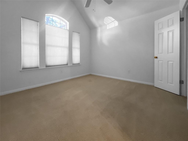 2804 Butler National Dr, Pflugerville, TX 78660 - empty room featuring lofted ceiling, ceiling fan, light carpet, and baseboards