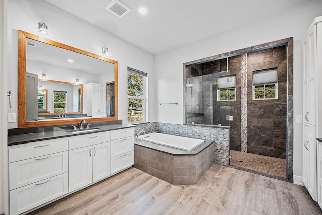 21603 Thomas Cv, Lago Vista, TX 78645 - bathroom with a garden tub, walk in shower, vanity, and wood finished floors