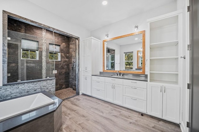 21603 Thomas Cv, Lago Vista, TX 78645 - full bathroom featuring a stall shower, a bath, vanity, wood finished floors, and recessed lighting