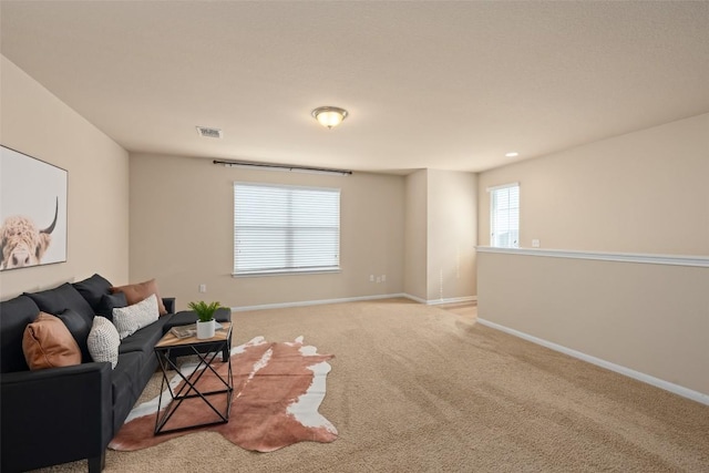 122 Denton Dr, Hutto, TX 78634 - living area featuring light carpet, visible vents, and baseboards
