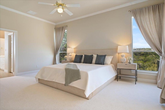 bedroom featuring crown molding, baseboards, visible vents, and light colored carpet