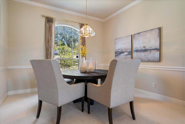 13601 Lone Rider Trl, Austin, TX 78738 - dining room featuring a chandelier, light carpet, ornamental molding, and baseboards