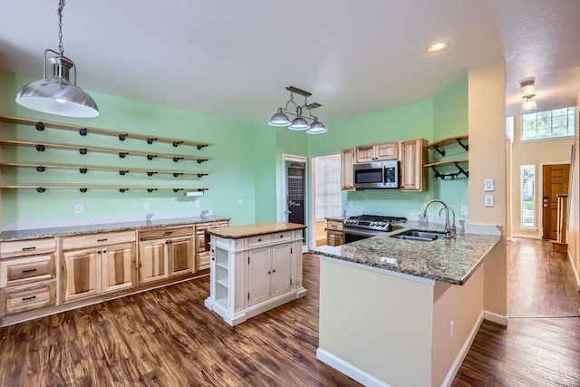 2708 Winding Brook Dr, Austin, TX 78748 - kitchen with appliances with stainless steel finishes, a sink, open shelves, dark wood-type flooring, and a kitchen island