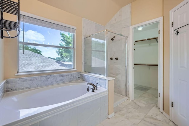 2708 Winding Brook Dr, Austin, TX 78748 - bathroom featuring a garden tub, a stall shower, a spacious closet, and marble finish floors