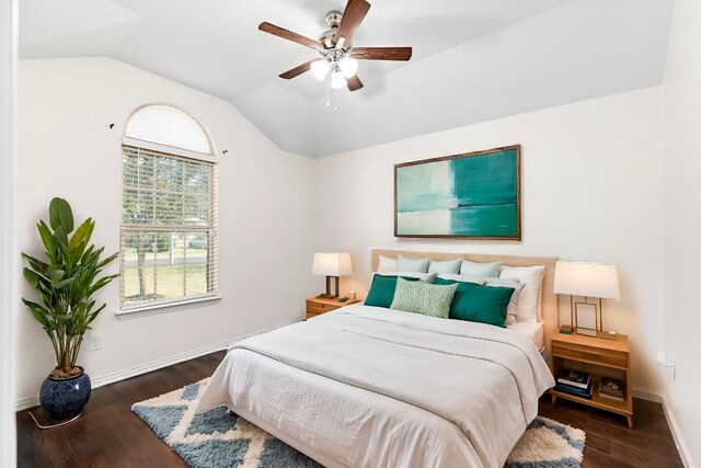 464 Evening Star, Kyle, TX 78640 - bedroom featuring lofted ceiling, wood finished floors, baseboards, and a ceiling fan