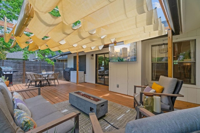 9706 Woodshire Dr, Austin, TX 78748 - wooden deck with a fire pit, outdoor dining area, and grilling area