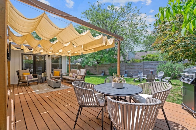 9706 Woodshire Dr, Austin, TX 78748 - wooden terrace with a fenced backyard, a pergola, an outdoor hangout area, and outdoor dining area