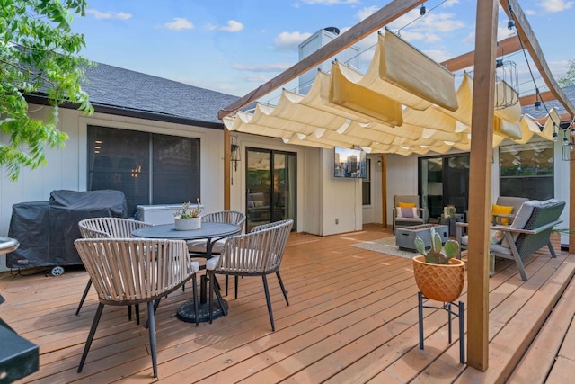 9706 Woodshire Dr, Austin, TX 78748 - wooden terrace featuring a pergola, outdoor dining area, a grill, and outdoor lounge area