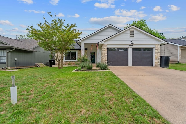 9706 Woodshire Dr, Austin, TX 78748 - ranch-style home featuring a garage, driveway, stone siding, and a front yard