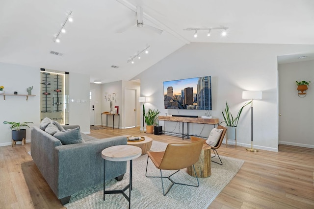 9706 Woodshire Dr, Austin, TX 78748 - living room with track lighting, lofted ceiling, and light wood-style floors