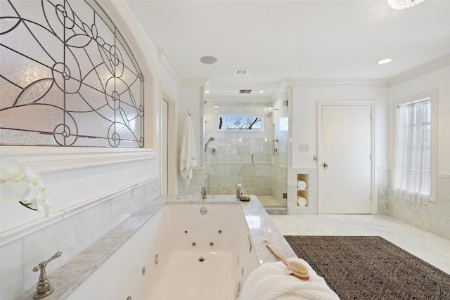 full bathroom featuring ornamental molding, a tile shower, a tub with jets, recessed lighting, and marble finish floor