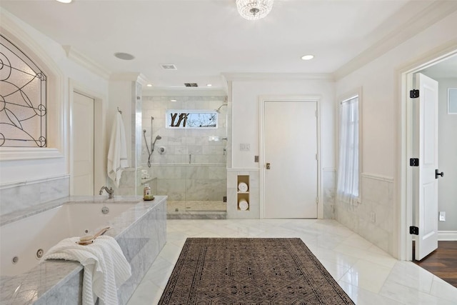 1810 W 35th St, Austin, TX 78703 - full bathroom featuring a tub with jets, a stall shower, crown molding, wainscoting, and recessed lighting