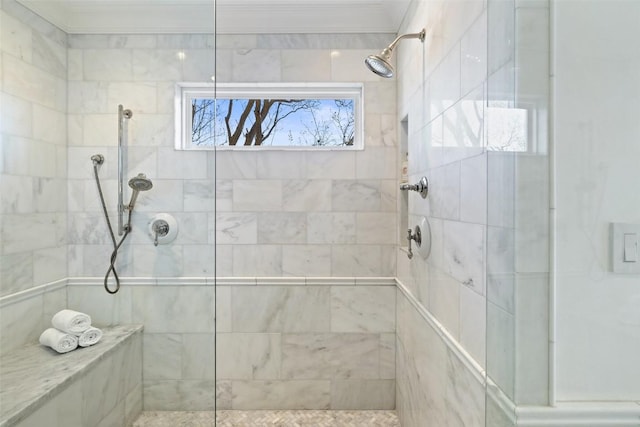 1810 W 35th St, Austin, TX 78703 - bathroom with tiled shower and ornamental molding