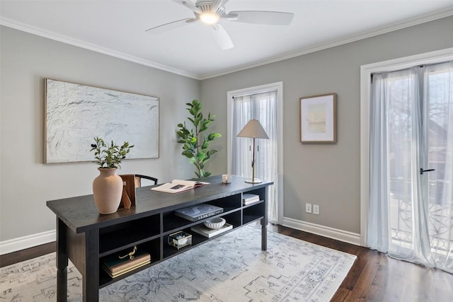 1810 W 35th St, Austin, TX 78703 - office with ceiling fan, dark wood-type flooring, and crown molding
