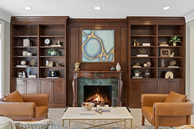 1810 W 35th St, Austin, TX 78703 - living area with a high end fireplace, recessed lighting, and built in shelves