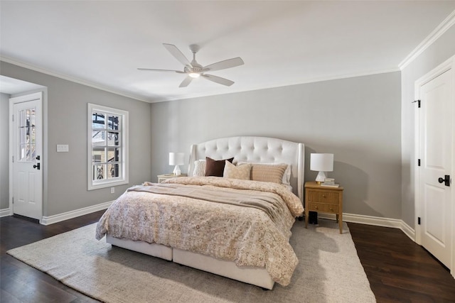 1810 W 35th St, Austin, TX 78703 - bedroom featuring crown molding, dark wood-type flooring, and ceiling fan