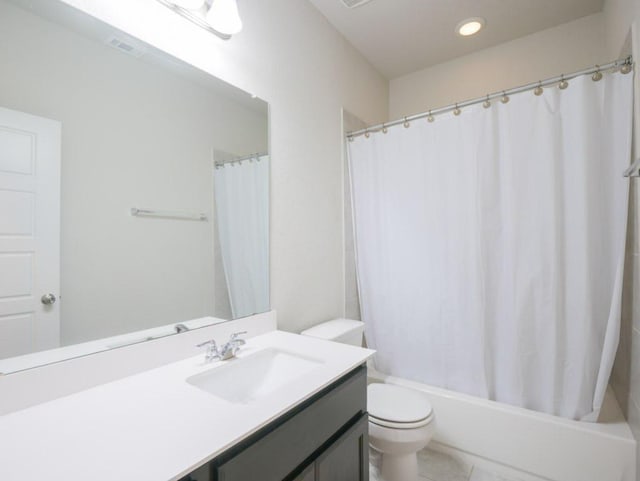21711 Crystal Way, Lago Vista, TX 78645 - full bath with vanity, shower / bathtub combination with curtain, recessed lighting, and tile patterned floors