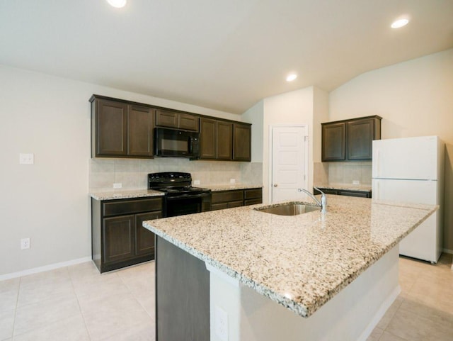 21711 Crystal Way, Lago Vista, TX 78645 - kitchen with black appliances, dark brown cabinets, decorative backsplash, light stone counters, and recessed lighting