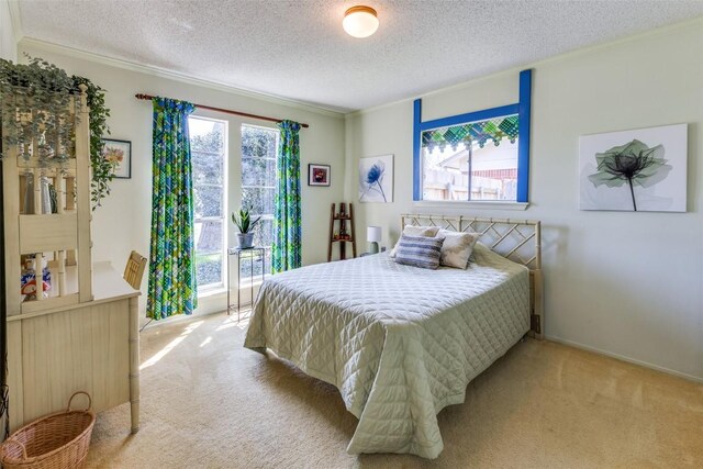 10116 Willfield Dr, Austin, TX 78753 - bedroom with carpet flooring, ornamental molding, multiple windows, and a textured ceiling