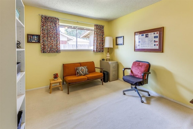 living area featuring a textured ceiling, carpet flooring, and baseboards