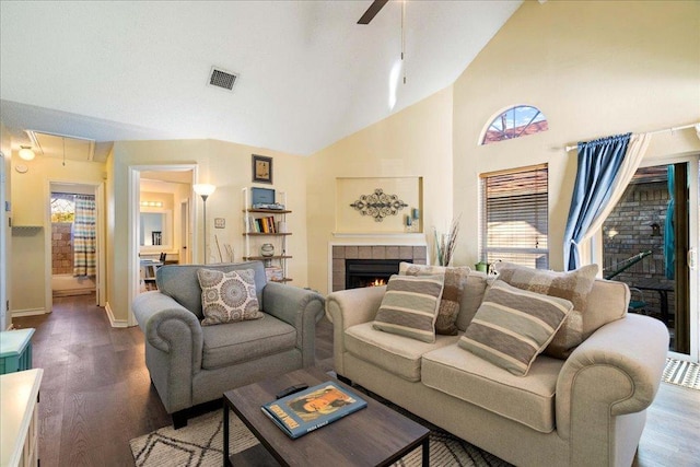 14300 Anita Marie Ln, Austin, TX 78728 - living area with a tile fireplace, attic access, wood finished floors, plenty of natural light, and high vaulted ceiling