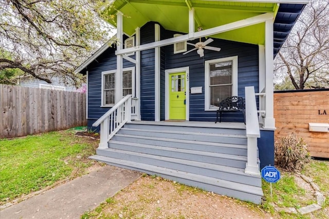 203 Ben Howell Dr, Austin, TX 78704 - property entrance with covered porch and ceiling fan