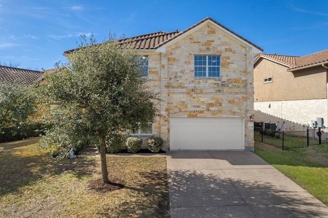 14309 Broadwinged Hawk Dr, Austin, TX 78738 - view of front of home featuring stone siding, concrete driveway, an attached garage, and a tile roof
