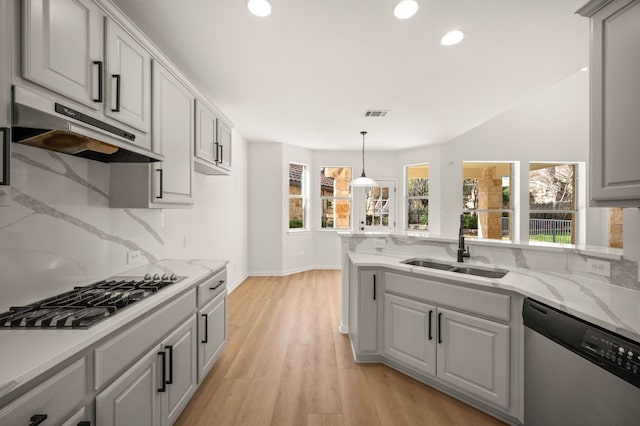 14309 Broadwinged Hawk Dr, Austin, TX 78738 - kitchen with stainless steel appliances, under cabinet range hood, a sink, recessed lighting, and light wood-type flooring