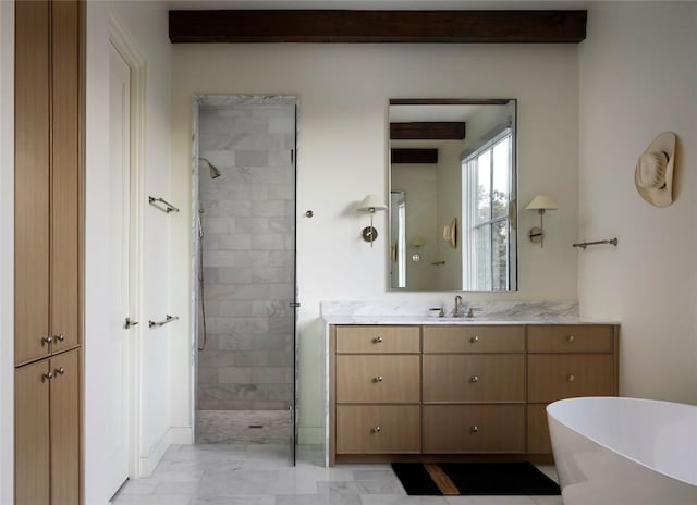 4401 Amarra Dr Unit 14, Austin, TX 78735 - full bath with a stall shower, vanity, marble look tile flooring, and a freestanding tub