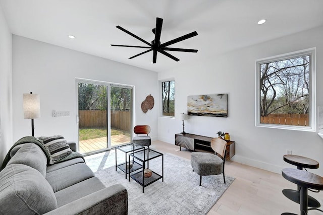 4703 Mount Vernon Dr Unit 2, Austin, TX 78745 - living room featuring plenty of natural light, a ceiling fan, recessed lighting, light wood-type flooring, and baseboards