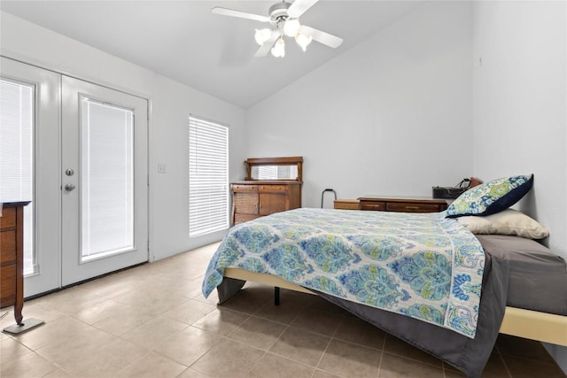 25421 Pedernales Point Dr, Spicewood, TX 78669 - tiled bedroom with ceiling fan and high vaulted ceiling