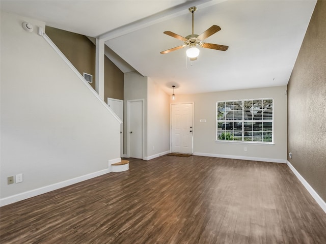 716 Shiny Rock Dr, Austin, TX 78748 - unfurnished living room with wood finished floors, ceiling fan, stairway, baseboards, and high vaulted ceiling