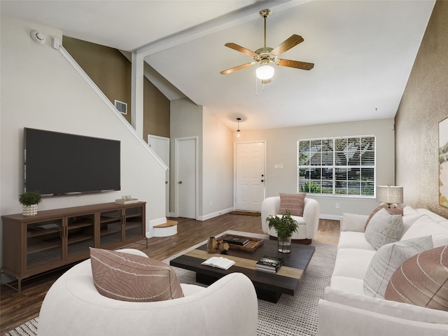 716 Shiny Rock Dr, Austin, TX 78748 - living area with wood finished floors, a ceiling fan, high vaulted ceiling, stairs, and baseboards