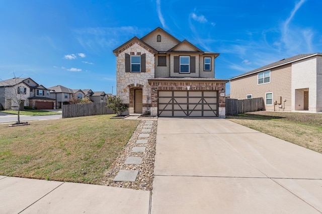 12923 Dwight Eisenhower St, Manor, TX 78653 - view of front of property with stone siding, concrete driveway, an attached garage, and a residential view