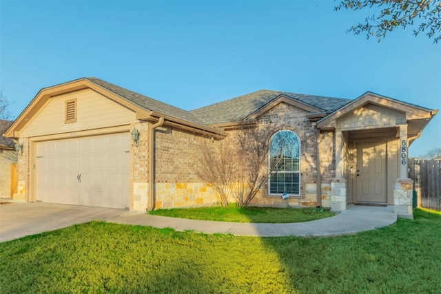 6806 Ambrose Cir, Temple, TX 76502 - ranch-style house featuring a front lawn, concrete driveway, an attached garage, a shingled roof, and brick siding