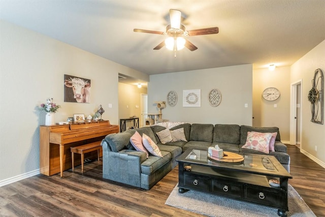 6806 Ambrose Cir, Temple, TX 76502 - living area with baseboards, dark wood-style floors, and a ceiling fan