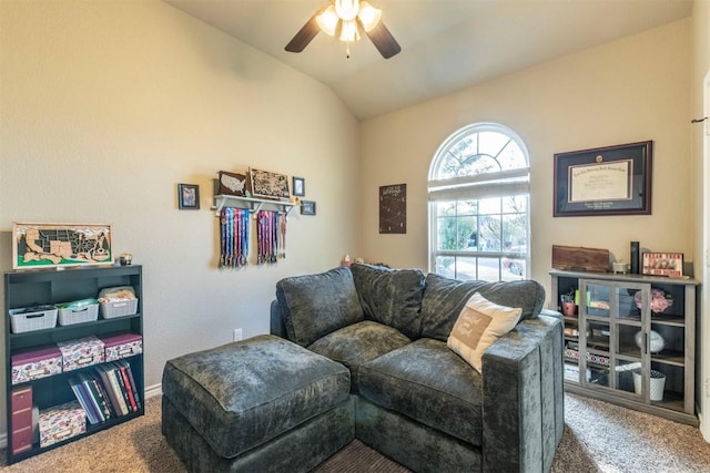 6806 Ambrose Cir, Temple, TX 76502 - carpeted living area with lofted ceiling and ceiling fan