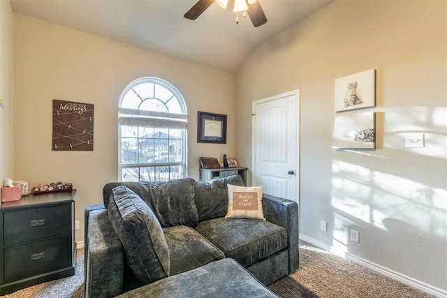 6806 Ambrose Cir, Temple, TX 76502 - living area featuring carpet flooring, baseboards, a ceiling fan, and vaulted ceiling
