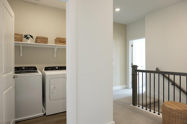 1955 Settlers Glen Dr Unit 4403, Round Rock, TX 78665 - laundry room featuring dark carpet, washing machine and clothes dryer, and laundry area