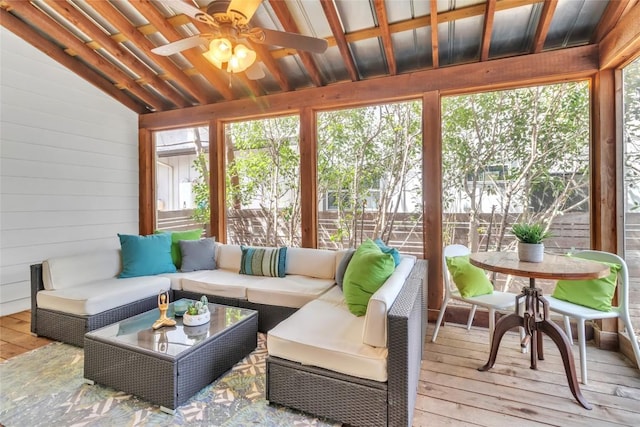 402 Irma Dr Unit B, Austin, TX 78752 - sunroom / solarium featuring healthy amount of natural light, an outdoor hangout area, a ceiling fan, and lofted ceiling