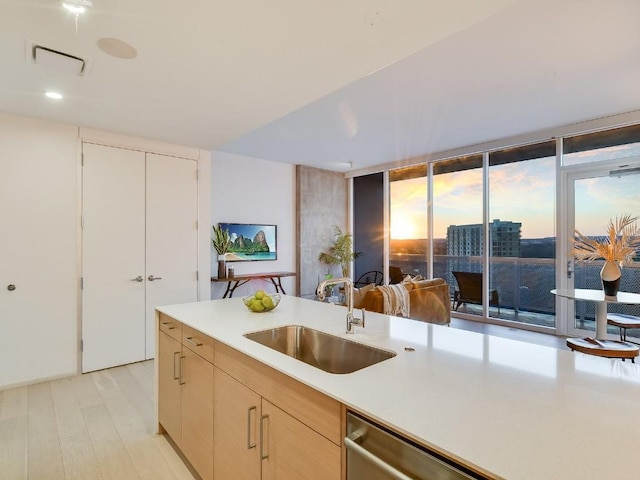 301 W Ave Unit 1301, Austin, TX 78701 - kitchen with a sink, dishwasher, light countertops, light wood-type flooring, and expansive windows