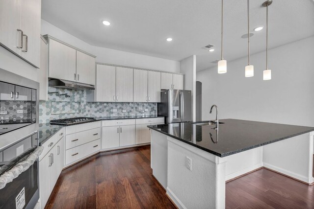 252 Sabino Dr, Buda, TX 78610 - kitchen featuring appliances with stainless steel finishes, a sink, under cabinet range hood, dark wood-type flooring, and backsplash